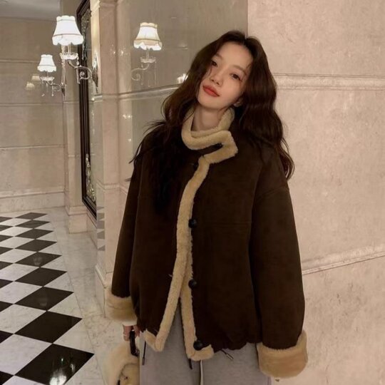 Eco-friendly lamb wool thickened stand collar motorcycle jacket for women