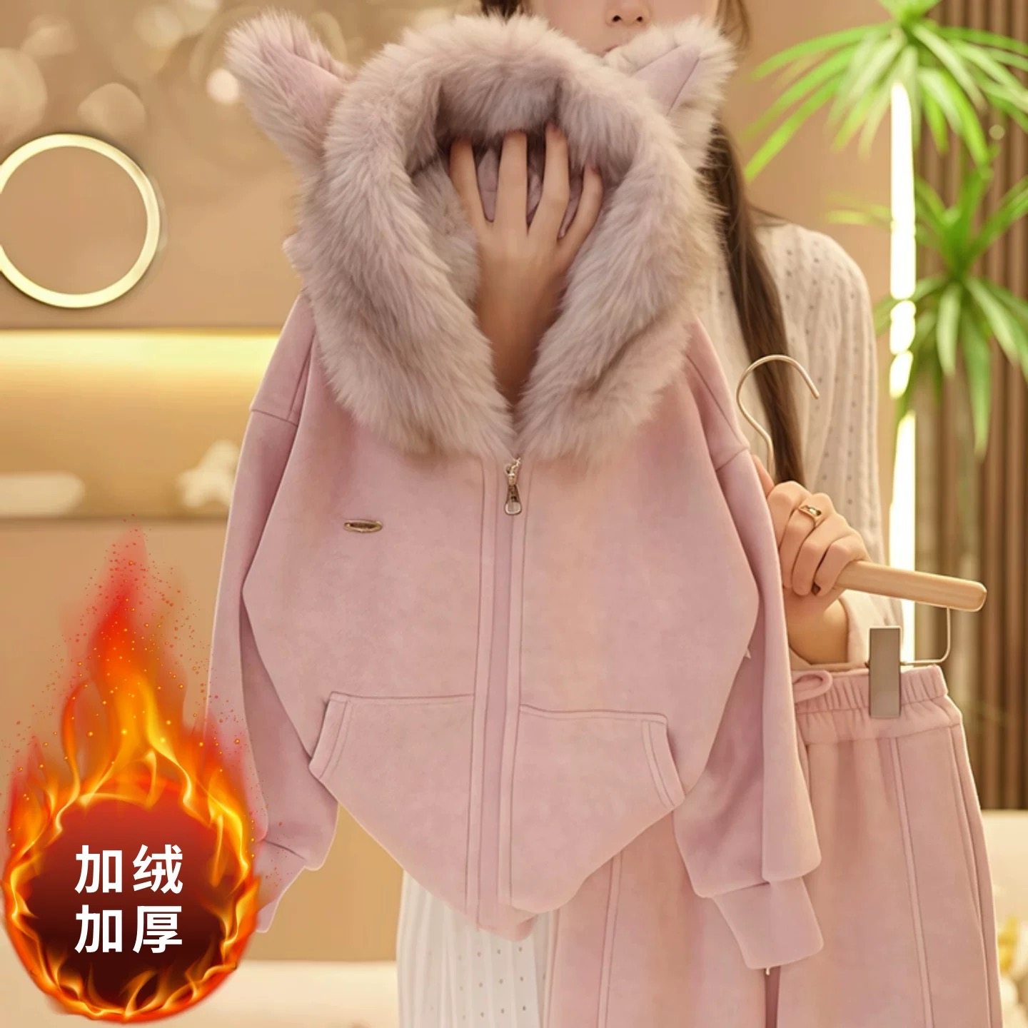 男女童卡通耳朵加绒卫衣外套秋冬2025新款加厚一体绒毛领上衣保暖,淘宝优惠券,粉丝福利购,淘宝优惠卷