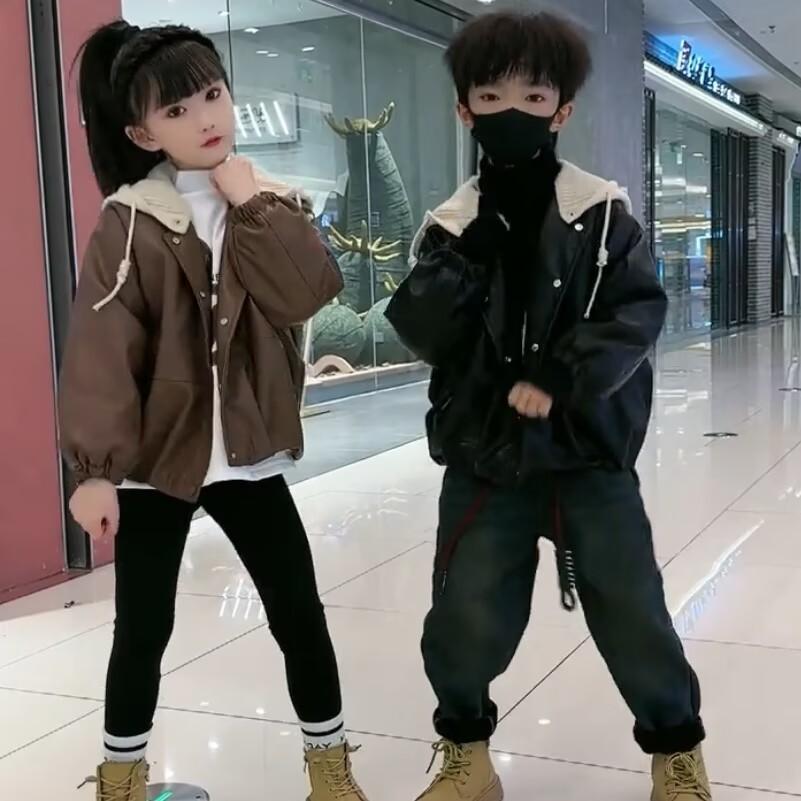 女童冬装连帽加绒加厚皮衣外套2025新款洋气中大童皮夹克 - 图1