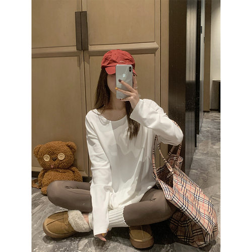 韩版大码宽松打底衫女开叉长袖T恤春秋冬设计感内搭德绒保暖上衣 - 图2