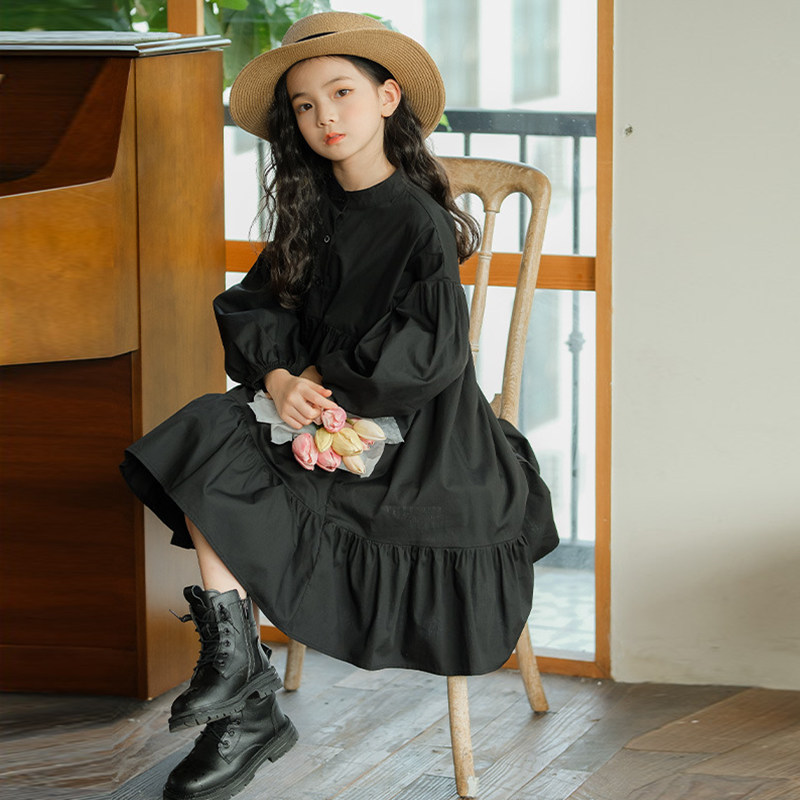 女童连衣裙春秋新中式衬衫裙纯棉儿童裙灯笼袖纯色大童女孩蛋糕裙,淘宝优惠券,粉丝福利购,淘宝优惠卷
