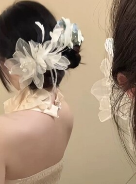太仙了！超仙白色羽毛花朵网纱发夹氛围感欲风新娘侧边夹拍照发饰