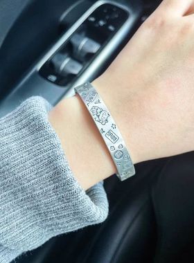 平安喜乐招财猫手镯男女款镀纯银复古卡通可爱福字开口镯子送女友