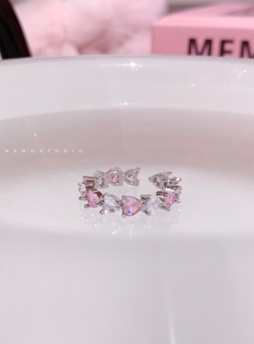 甜妹粉钻爱心蝴蝶结开口戒镀银