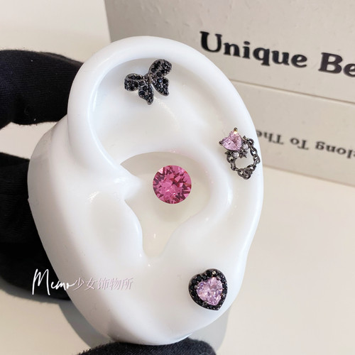 【记忆商店】黑粉甜心 黑色系列蝴蝶粉钻爱心链条耳蜗耳骨钉E071 - 图0