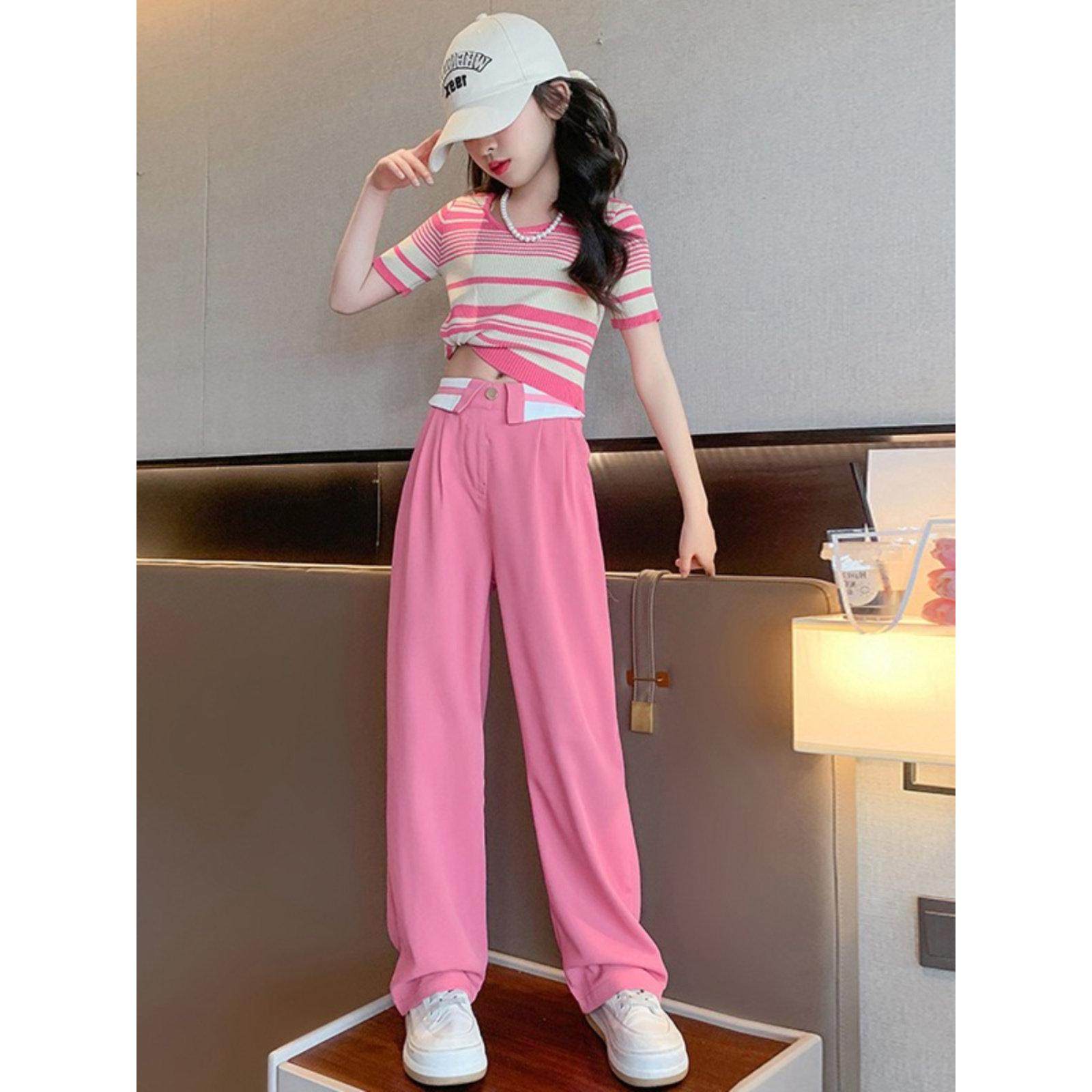 女童洋气套装夏季韩版中大童条纹针织衫女孩冰丝短袖阔腿裤两件套,淘宝优惠券,粉丝福利购,淘宝优惠卷