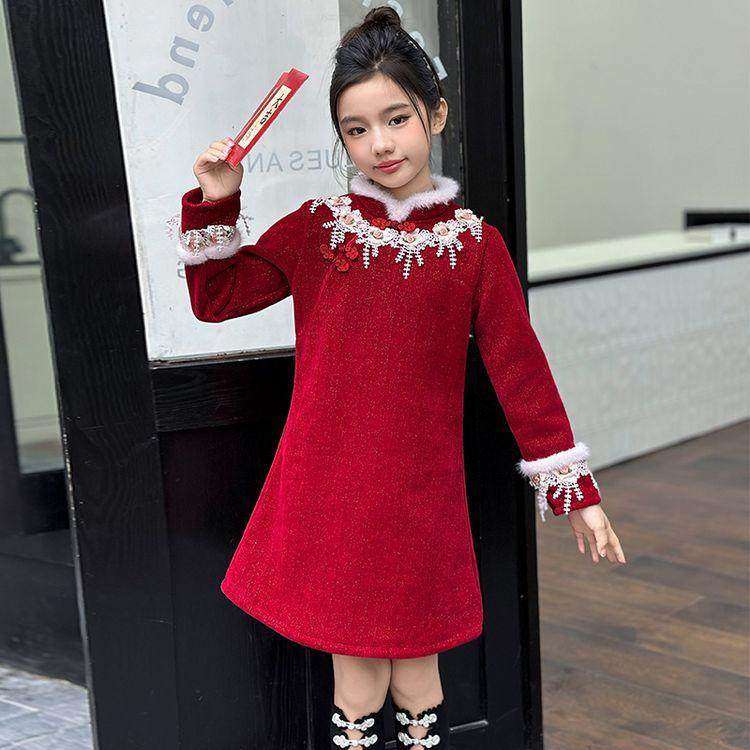 女童旗袍裙新年连衣裙新中式礼服裙红色过年女大童冬季儿童拜年服,淘宝优惠券,粉丝福利购,淘宝优惠卷