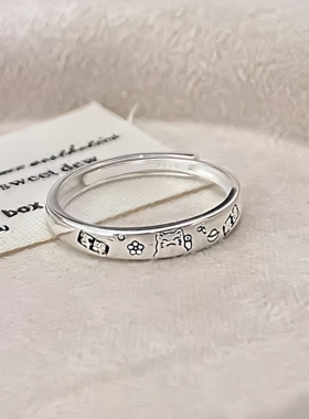 s925纯银刻字招财小猫咪纳福素圈戒指女生简约通勤素银开口食指环