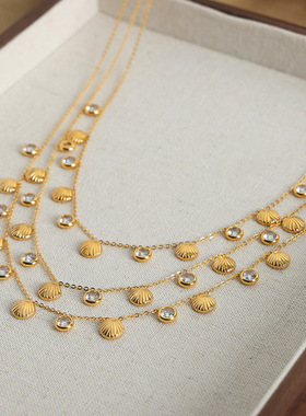 小众设计金色贝壳锆石流苏吊坠项链女生欧美轻奢设计感钛钢锁骨链