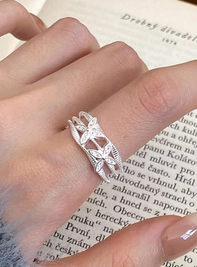 s925纯银锆石镶钻幸运草戒指女生