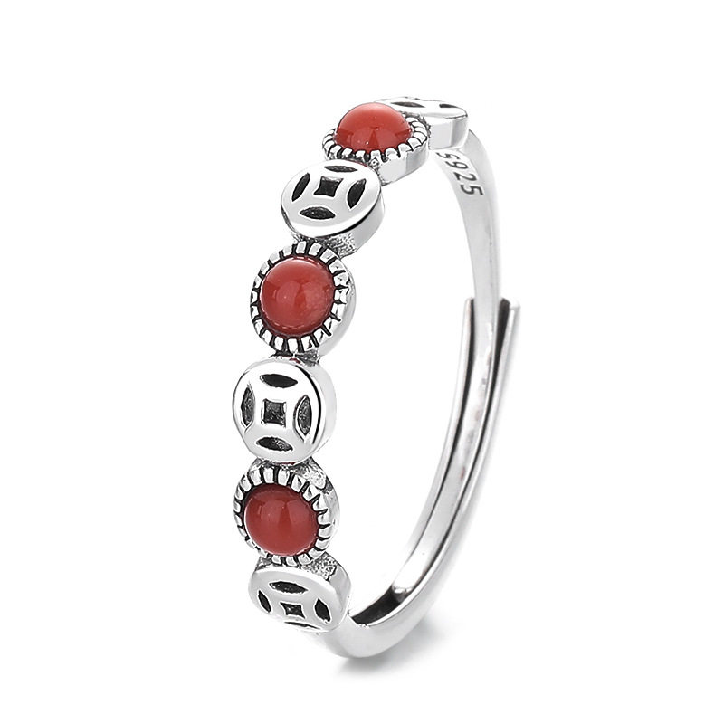 S925 sterling silver southern red agate coin-shaped ring for girls with retro geometric wealth and cool design ring
