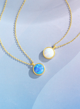 S925纯银蓝色欧泊石圆形项链女