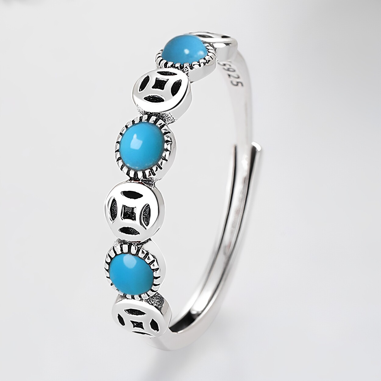 S925 sterling silver southern red agate coin-shaped ring for girls with retro geometric wealth and cool design ring