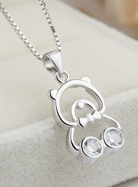 S925纯银锆石镶钻小熊猫项链女生