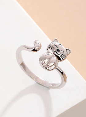 S925纯银可爱小猫咪素圈戒指女生甜美轻奢招财猫猫食指环尾戒女