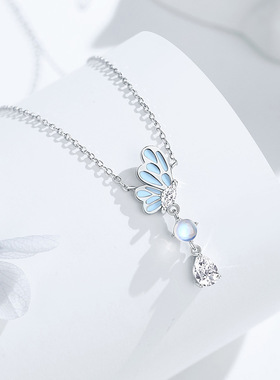 S925纯银夜光蝴蝶翅膀水滴形项链女生个性唯美月光石飞蝶锁骨链女
