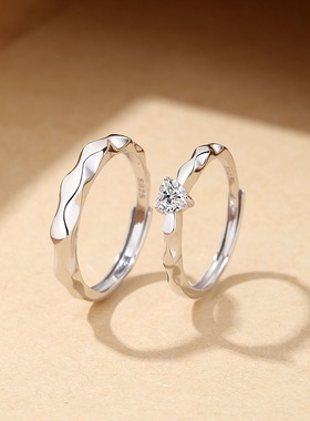 S925纯银锆石小爱心菱形光面戒指男女生情侣对戒甜美开口食指环