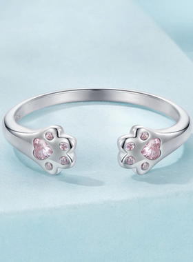 S925纯银粉色镶钻狗爪印戒指女