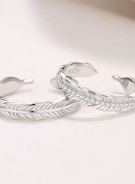 S925纯银锆石镶钻天使羽毛戒指男女生情侣对戒个性羽你相伴食指环