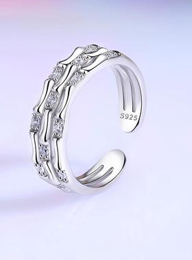 S925纯银锆石镶钻三层竹节戒指女生个性设计感气质多层竹子食指环