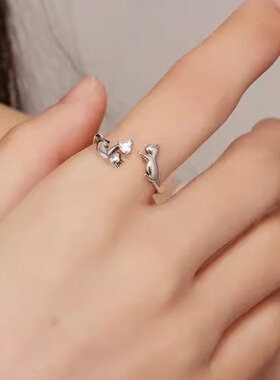 纯银爱心锆石镶钻小猫咪戒指女生