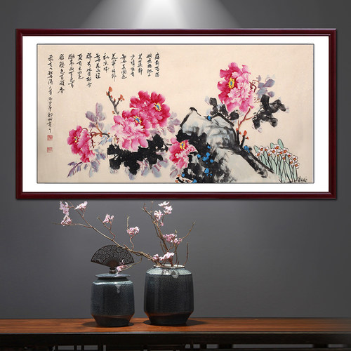中式客厅沙发背景墙装饰画国画牡丹花手绘花开富贵真迹卷轴壁挂画 - 图2