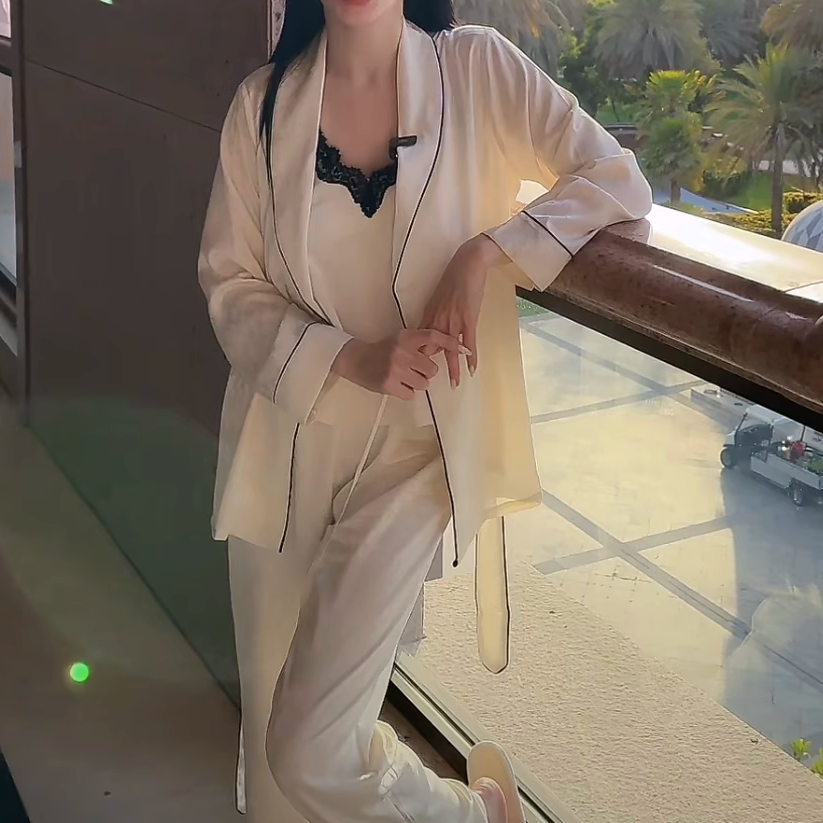 张雨绮姐姐同款春秋睡衣女高级感国风丝绸新中式带胸垫三件套套装,淘宝优惠券,粉丝福利购,淘宝优惠卷