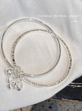 足银9999 纯银手镯闭口在这里等你英文双环手镯女款民族风银饰