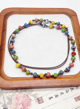 多巴胺彩色陶瓷串珠复古锁骨链