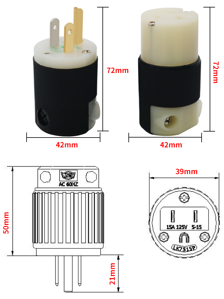 荷宝5266c音响工业接线NEMA 5-15P/15R美标美式电源公母对插插头