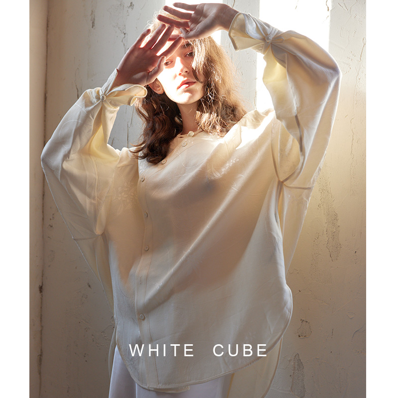 whitecube春庭前幽兰新中式国风羊毛混纺暗纹提花斜襟衬衫衬衣女 - 图1