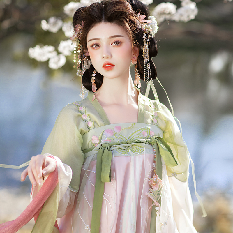 花朝记｜等风来｜郁兔｜春夏汉服｜绣花｜唐齐胸汉元素罩裙双披帛 - 图1