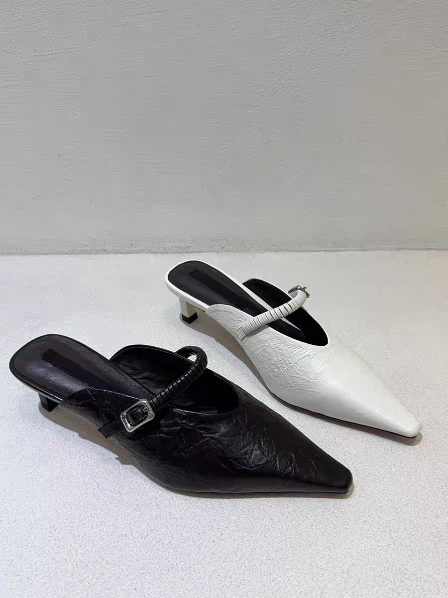 新款真皮尖头细跟包头女人味半拖鞋潮软底舒适女鞋 - 图1