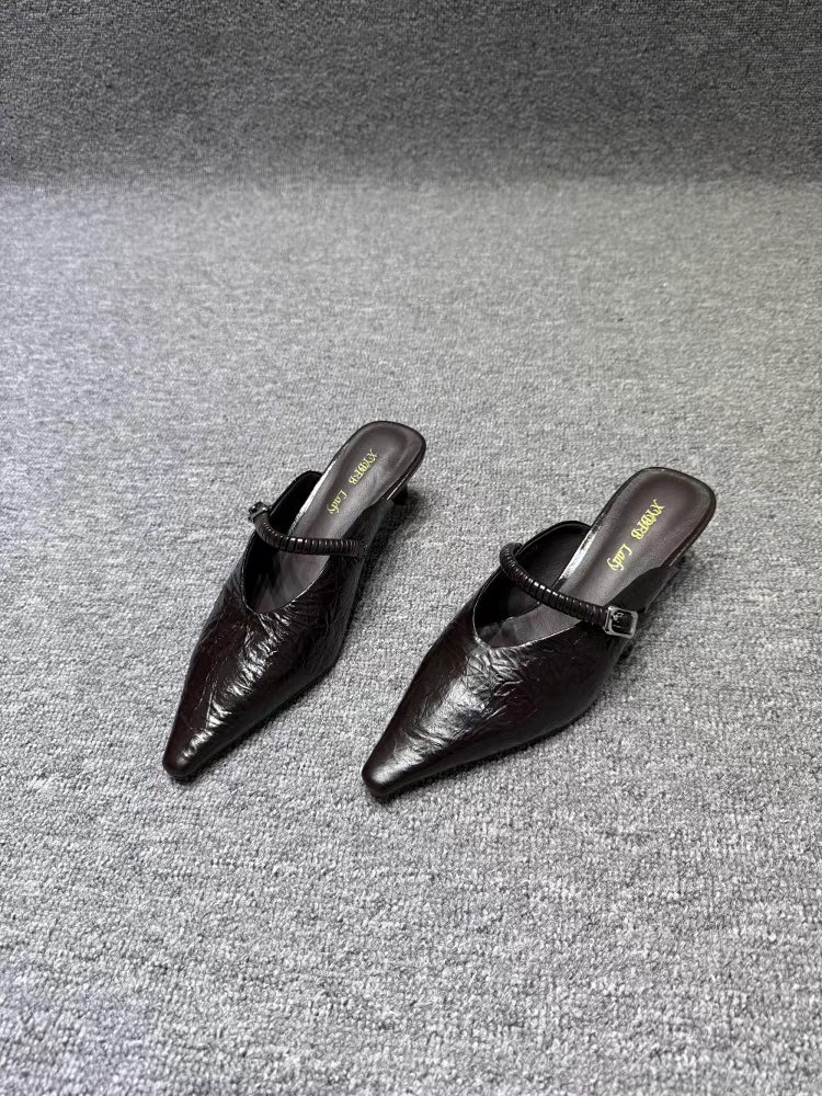 新款真皮尖头细跟包头女人味半拖鞋潮软底舒适女鞋 - 图3