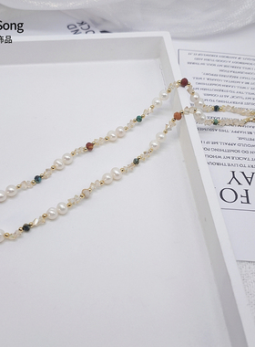 彩色天然石水晶锁骨链女珍珠