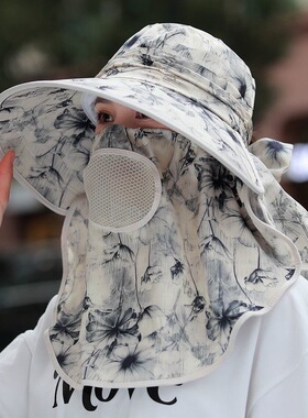 防晒遮阳披肩帽子女夏季大檐遮脸面罩护颈一体透气防紫外线太阳帽