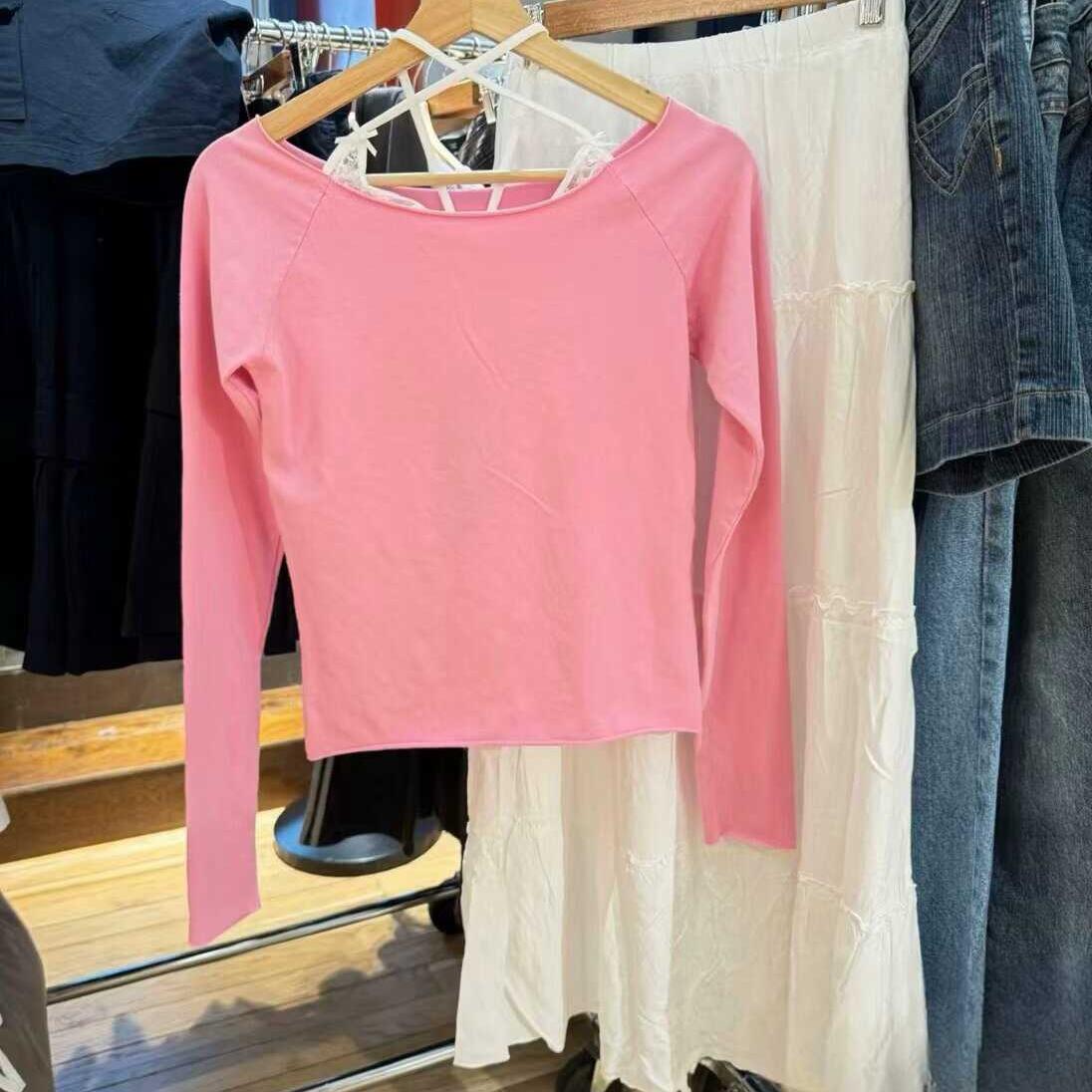 Brandy girl bm粉色锁骨一字肩上衣女早秋辣妹修身路肩长袖T恤女 - 图0