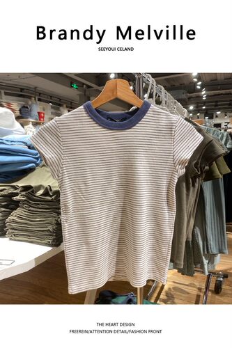 Brandy Girl官网美式复古条纹短袖t恤 bm修身减龄纯棉短袖上衣 - 图2