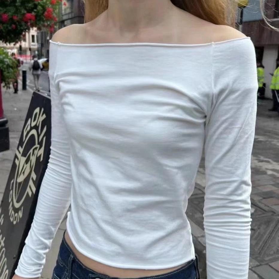 Brandy girl bm粉色锁骨一字肩上衣女早秋辣妹修身路肩长袖T恤女 - 图2