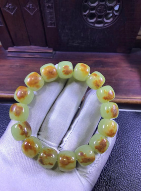 和田玉黄白老玉河磨玉粒粒带皮老形手链手串77克厂家直销东北籽料