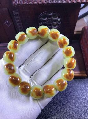黄白老玉河磨玉粒粒带皮13x14老形手链76克皮子好玉上几乎没水痘