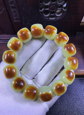 东北籽料黄白老玉河磨玉粒粒带皮1516老形手链手串101克厂家直销