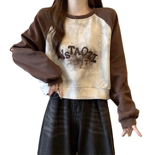 Maillard tie-dye raglan sleeve retro sweatshirt for women in autumn plus size slightly fat mm slimming short top that covers belly and hides meat