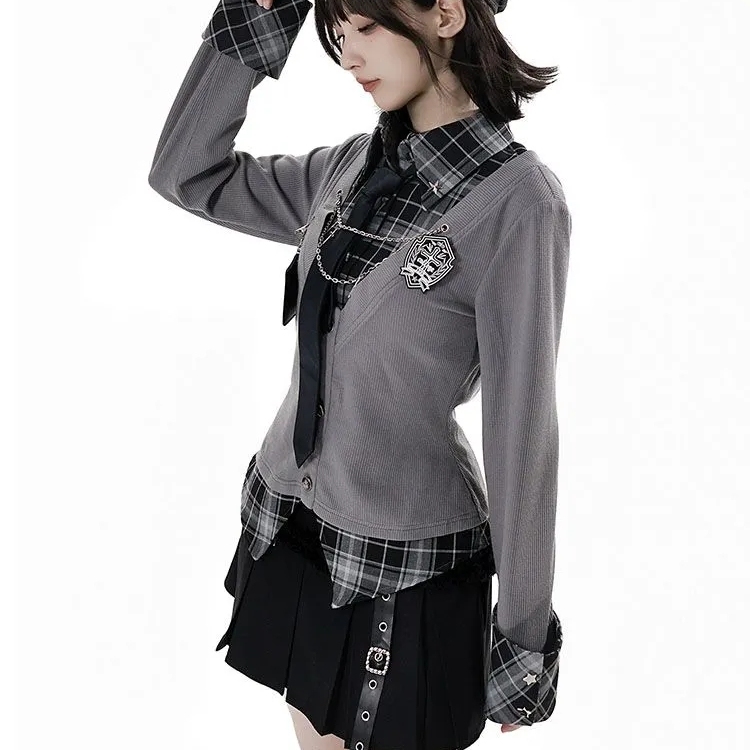 风吟雪【失序札记】学院卷边衬衫格纹袖收腰针织工字褶半裙 - 图1