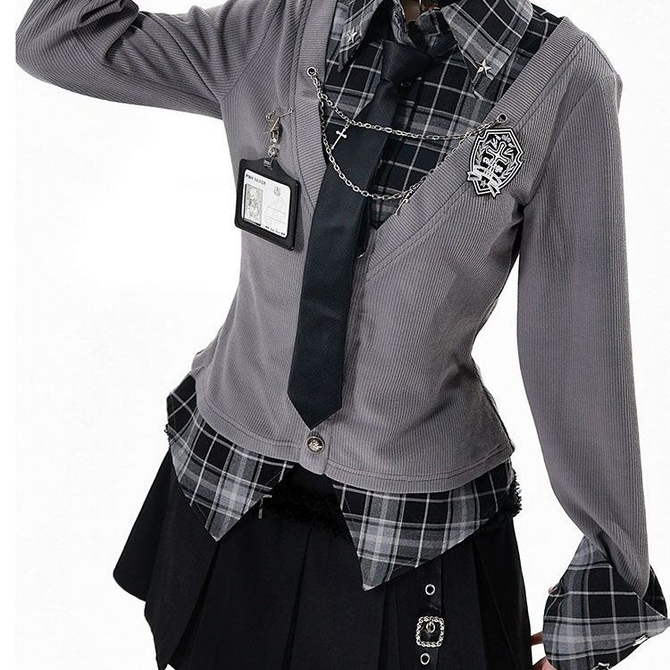 风吟雪【失序札记】学院卷边衬衫格纹袖收腰针织工字褶半裙 - 图0