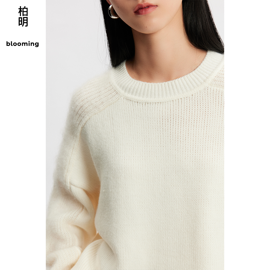 柏明blooming春季女装局部拉毛纯色休闲含羊毛套头毛衣 - 图0