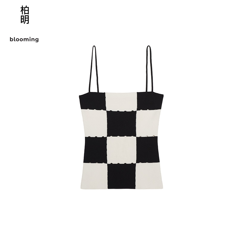 柏明blooming春季女装时尚修身镂空棋盘格针织细吊带-图3