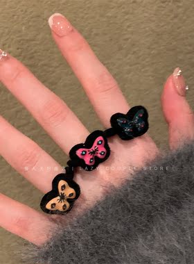 甜酷风黑色植绒蝴蝶彩色滴釉戒指女可爱小众高级感指环2024年新款