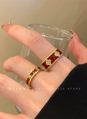 安可拉红显白滴釉花朵戒指女小众高级感轻奢复古开口指环是食指戒