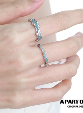 纯银小众滴胶蓝色戒指情侣